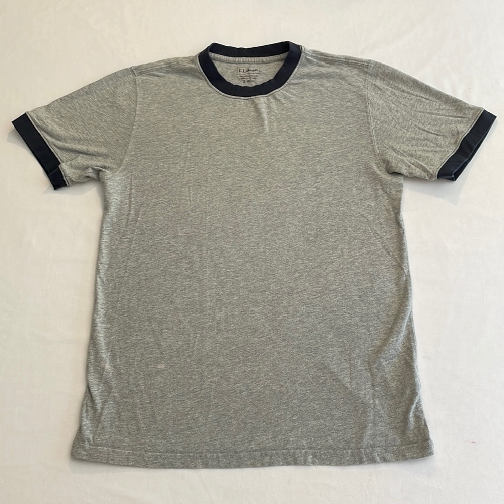 L.L. Bean 100% Cotton Gray T-Shirt with Navy Blue Trim